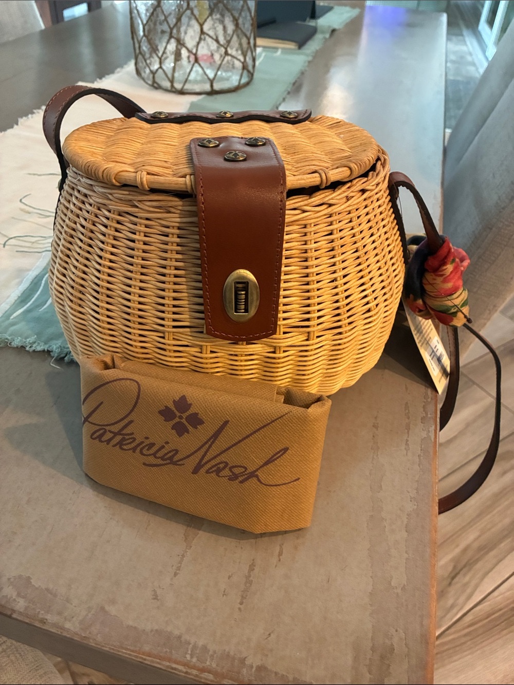 Patricia Nash woven Crossbody Bag with Brown Leather Trim and Floral Scarf - Picture 9 of 9